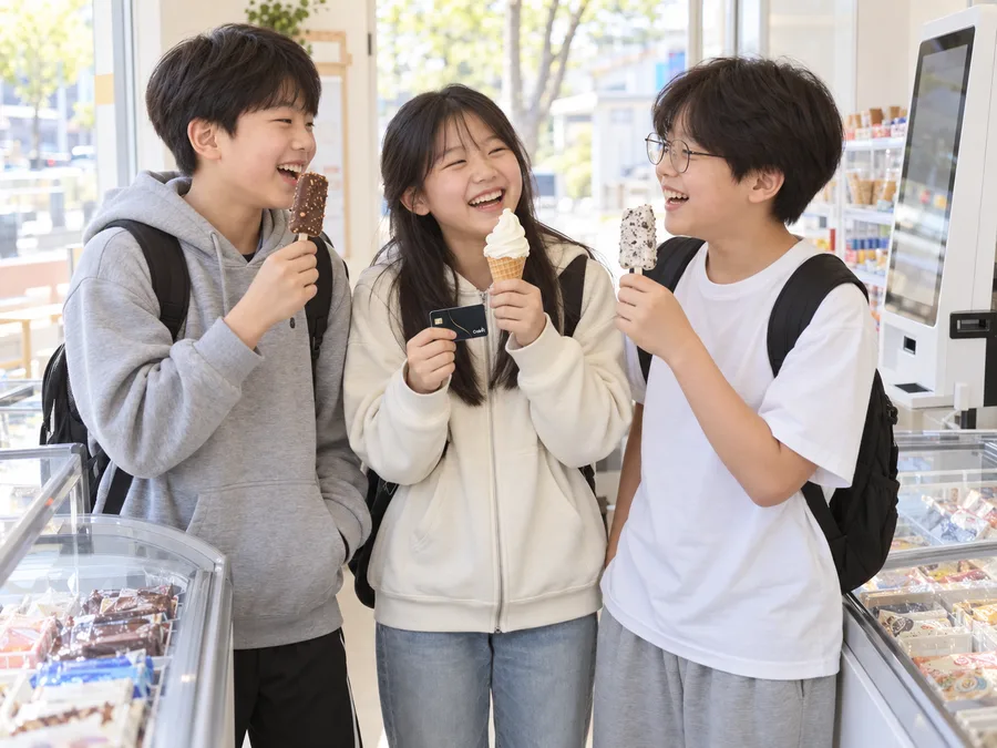 무인 아이스크림 가게에서 아이스크림을 고르는 학생들