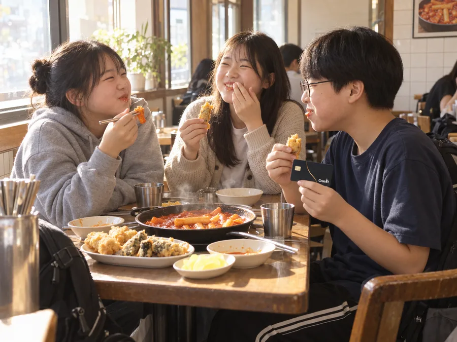 분식집에서 떡볶이를 먹는 학생들